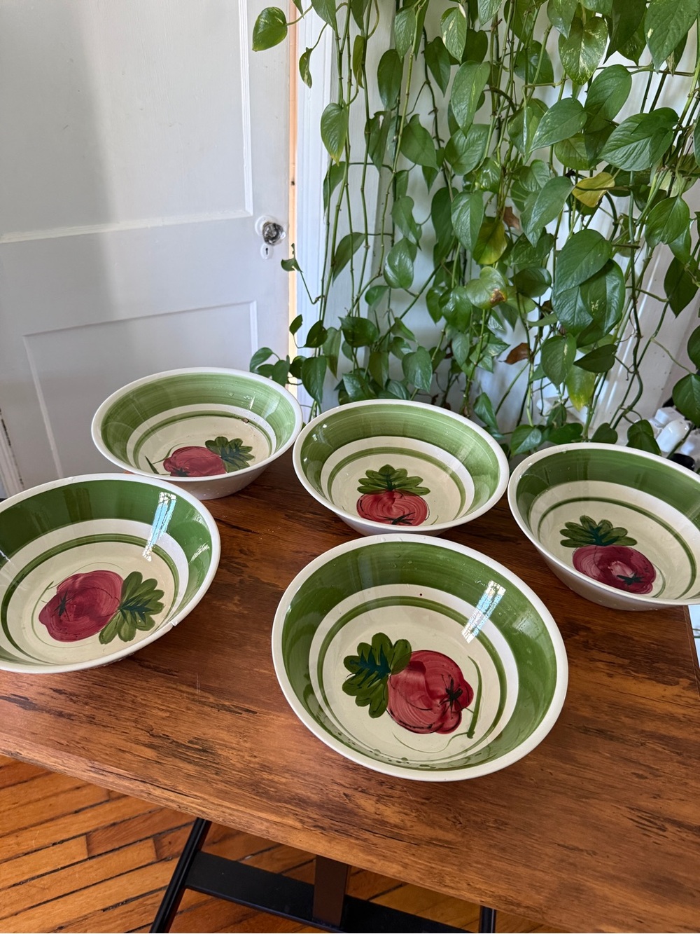 Hand-Painted Ceramic Serving Bowls in Green & Red - Set of 5 JAPAN